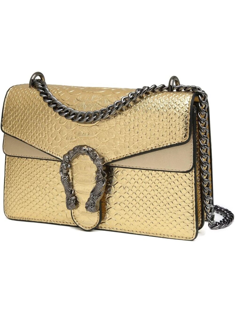 Women's Gold Rectangular Animal Print Clutch Leather Chain Evening Handbags
